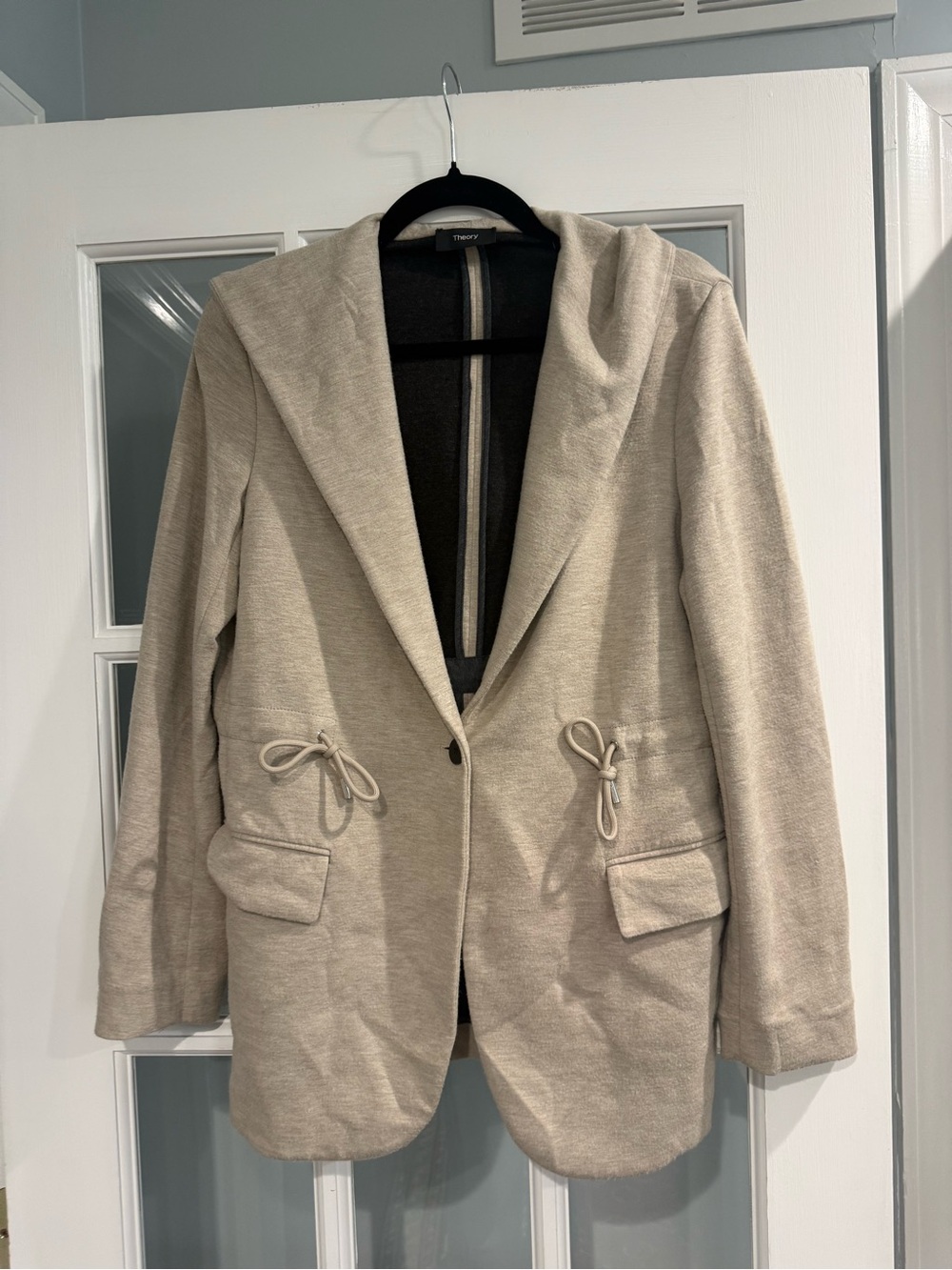 Theory Women's hooded Tan Knit Sweatshirt Blazer with Drawstring Waist small